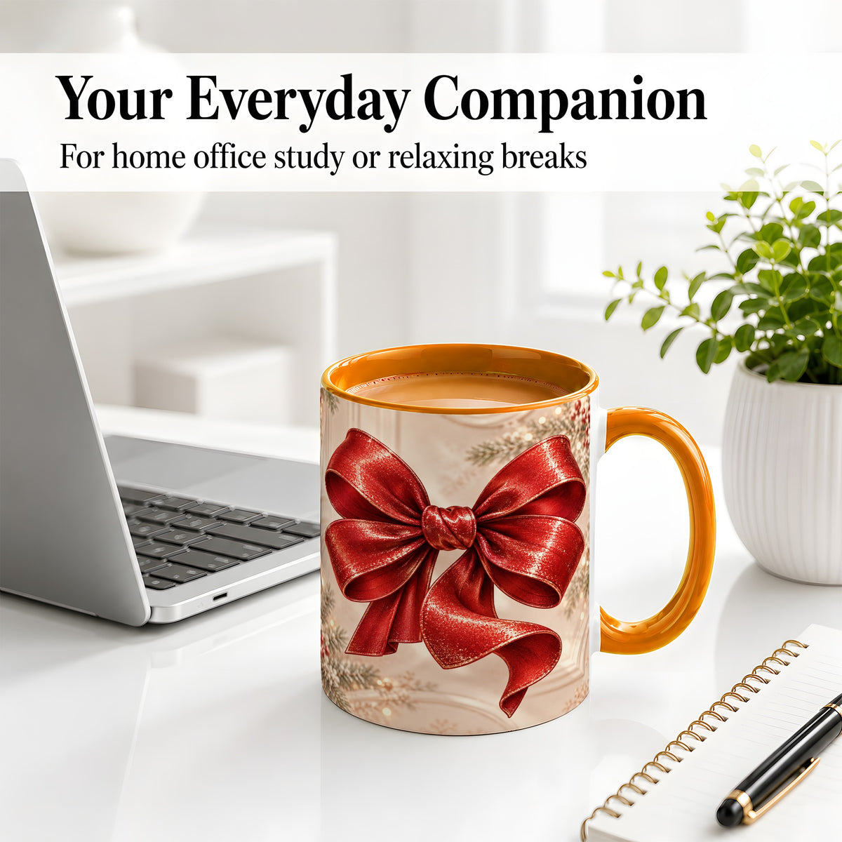 #pl[11oz|Orange] Red Christmas Bow Accent Mug, Ceramic Coffee Cup Holiday Ribbon