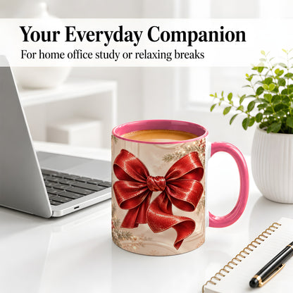 #pl[11oz|Pink] Red Christmas Bow Accent Mug, Ceramic Coffee Cup Holiday Ribbon