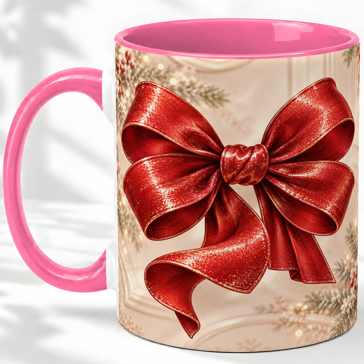 #pl[11oz|Pink] Red Christmas Bow Accent Mug, Ceramic Coffee Cup Holiday Ribbon