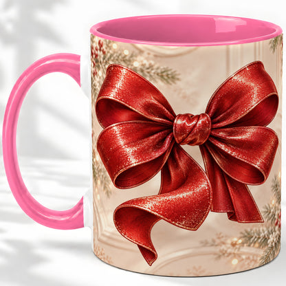 #pl[11oz|Pink] Red Christmas Bow Accent Mug, Ceramic Coffee Cup Holiday Ribbon