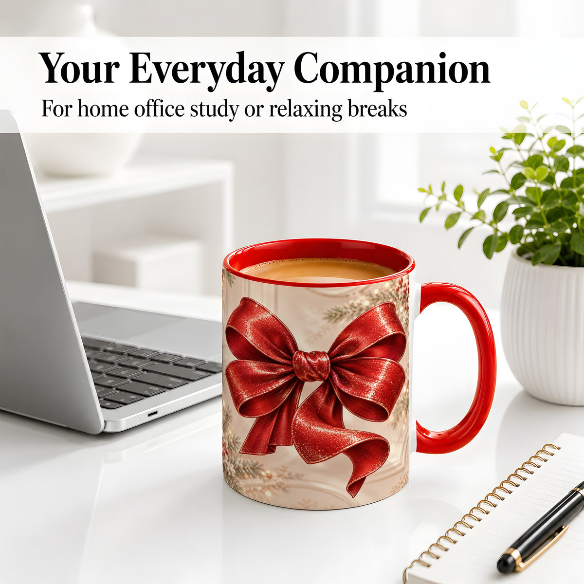 #pl[11oz|Red] Red Christmas Bow Accent Mug, Ceramic Coffee Cup Holiday Ribbon