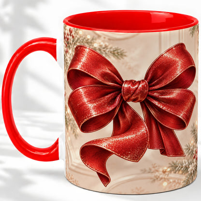 Red Christmas Bow Accent Mug, Ceramic Coffee Cup Holiday Ribbon