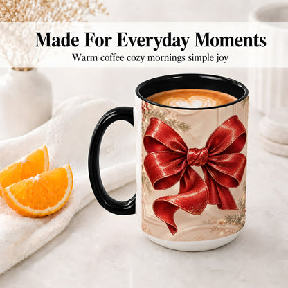 #pl[15oz|Black] Red Christmas Bow Accent Mug, Ceramic Coffee Cup Holiday Ribbon