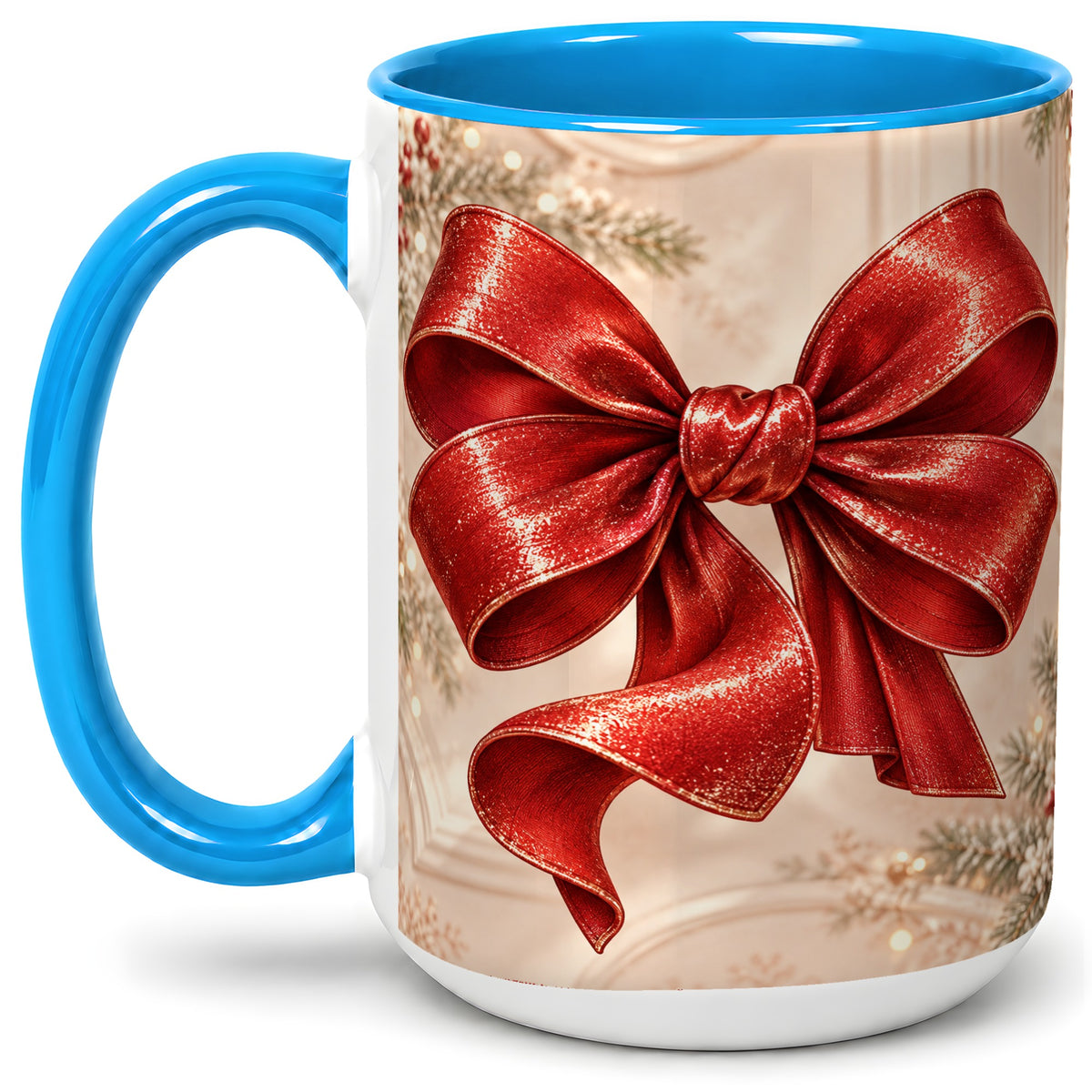 #pl[15oz|Blue] Red Christmas Bow Accent Mug, Ceramic Coffee Cup Holiday Ribbon