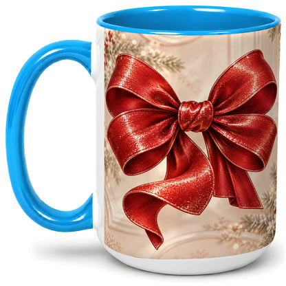 #pl[15oz|Blue] Red Christmas Bow Accent Mug, Ceramic Coffee Cup Holiday Ribbon