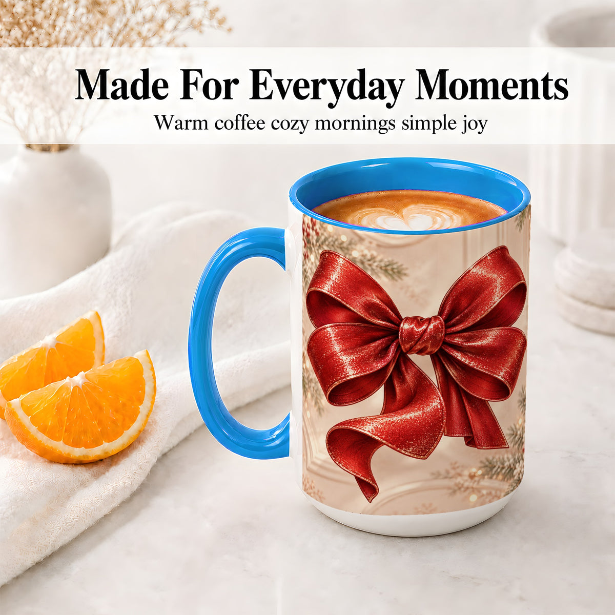 #pl[15oz|Blue] Red Christmas Bow Accent Mug, Ceramic Coffee Cup Holiday Ribbon