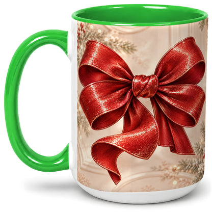 #pl[15oz|Green] Red Christmas Bow Accent Mug, Ceramic Coffee Cup Holiday Ribbon