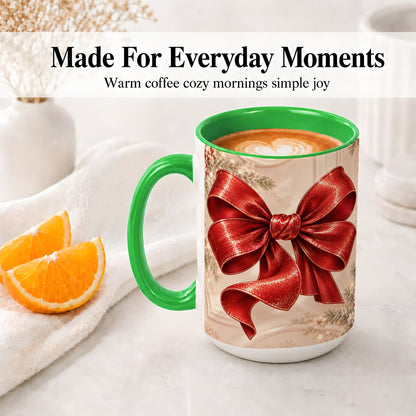#pl[15oz|Green] Red Christmas Bow Accent Mug, Ceramic Coffee Cup Holiday Ribbon