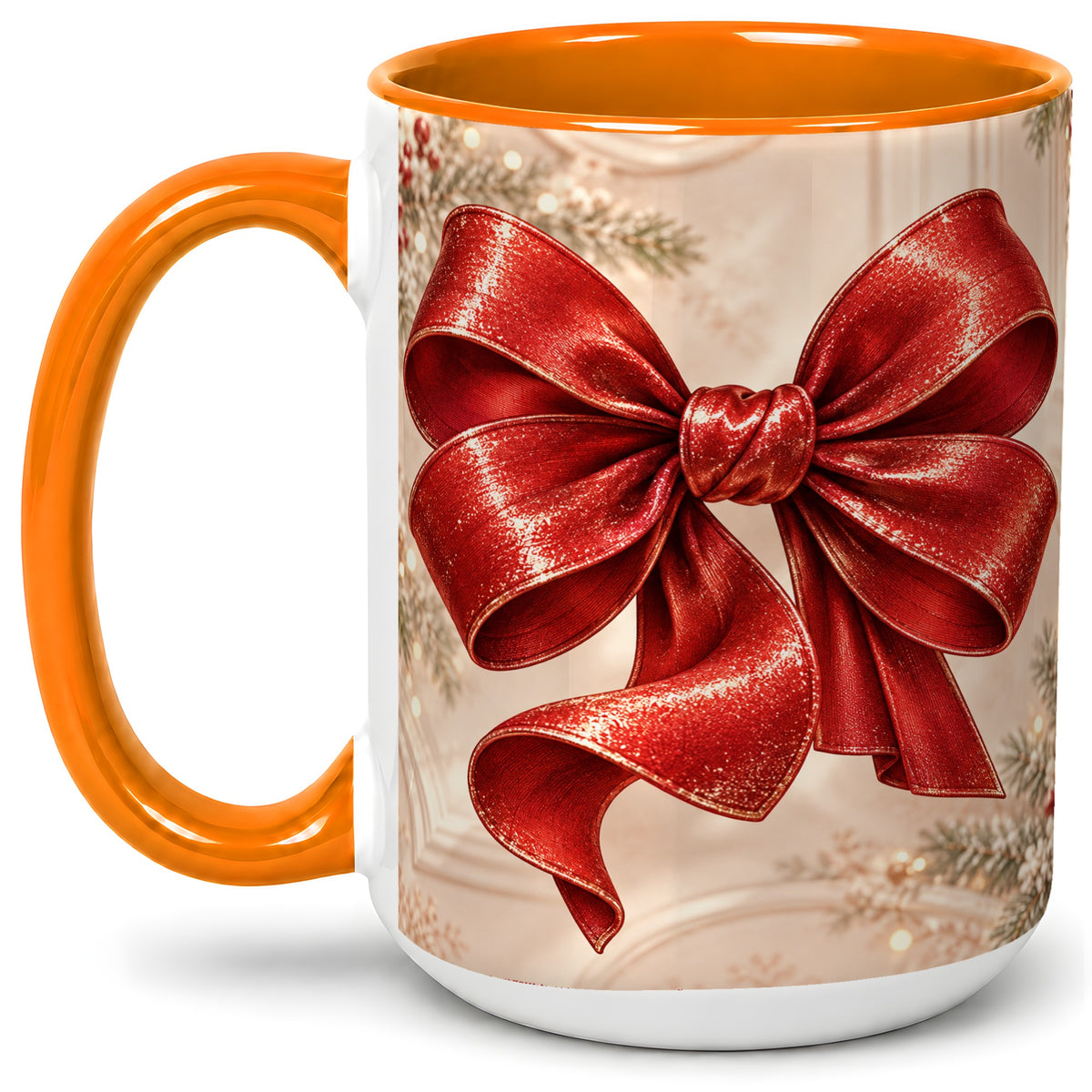 #pl[15oz|Orange] Red Christmas Bow Accent Mug, Ceramic Coffee Cup Holiday Ribbon