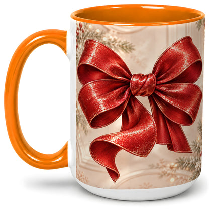 #pl[15oz|Orange] Red Christmas Bow Accent Mug, Ceramic Coffee Cup Holiday Ribbon