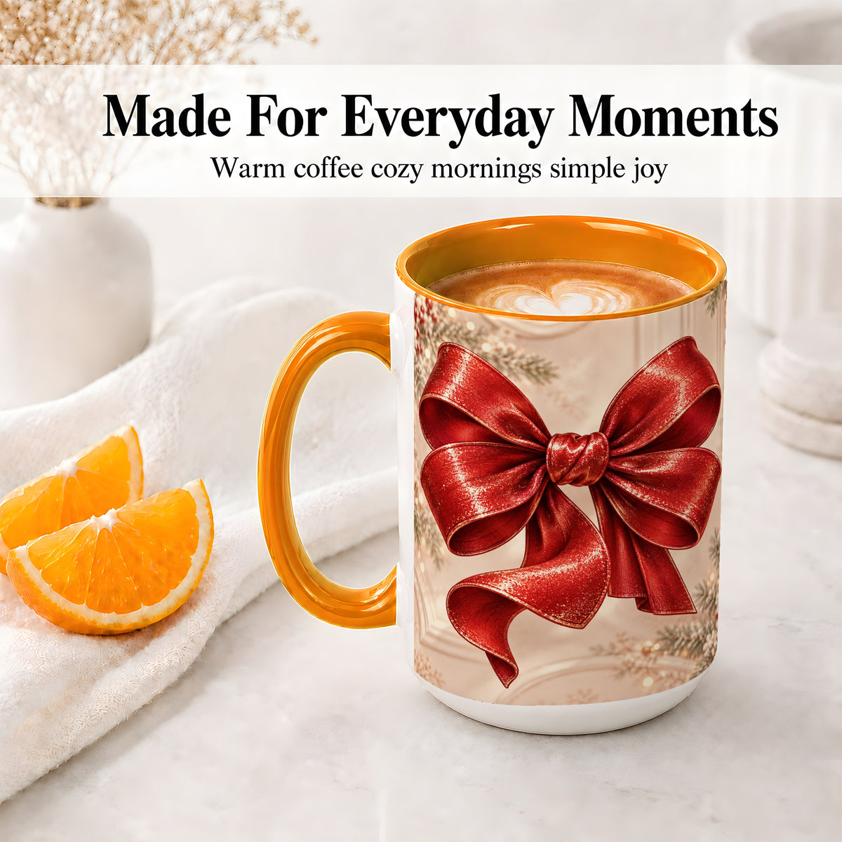 #pl[15oz|Orange] Red Christmas Bow Accent Mug, Ceramic Coffee Cup Holiday Ribbon