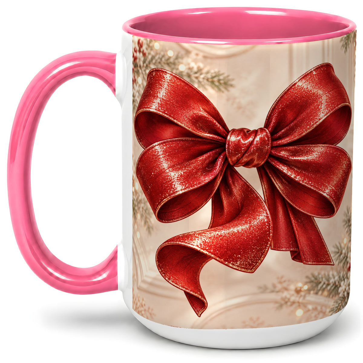 #pl[15oz|Pink] Red Christmas Bow Accent Mug, Ceramic Coffee Cup Holiday Ribbon