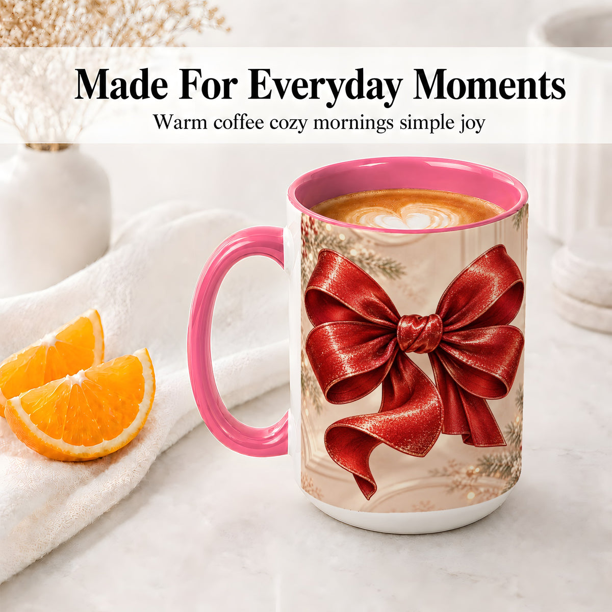 #pl[15oz|Pink] Red Christmas Bow Accent Mug, Ceramic Coffee Cup Holiday Ribbon