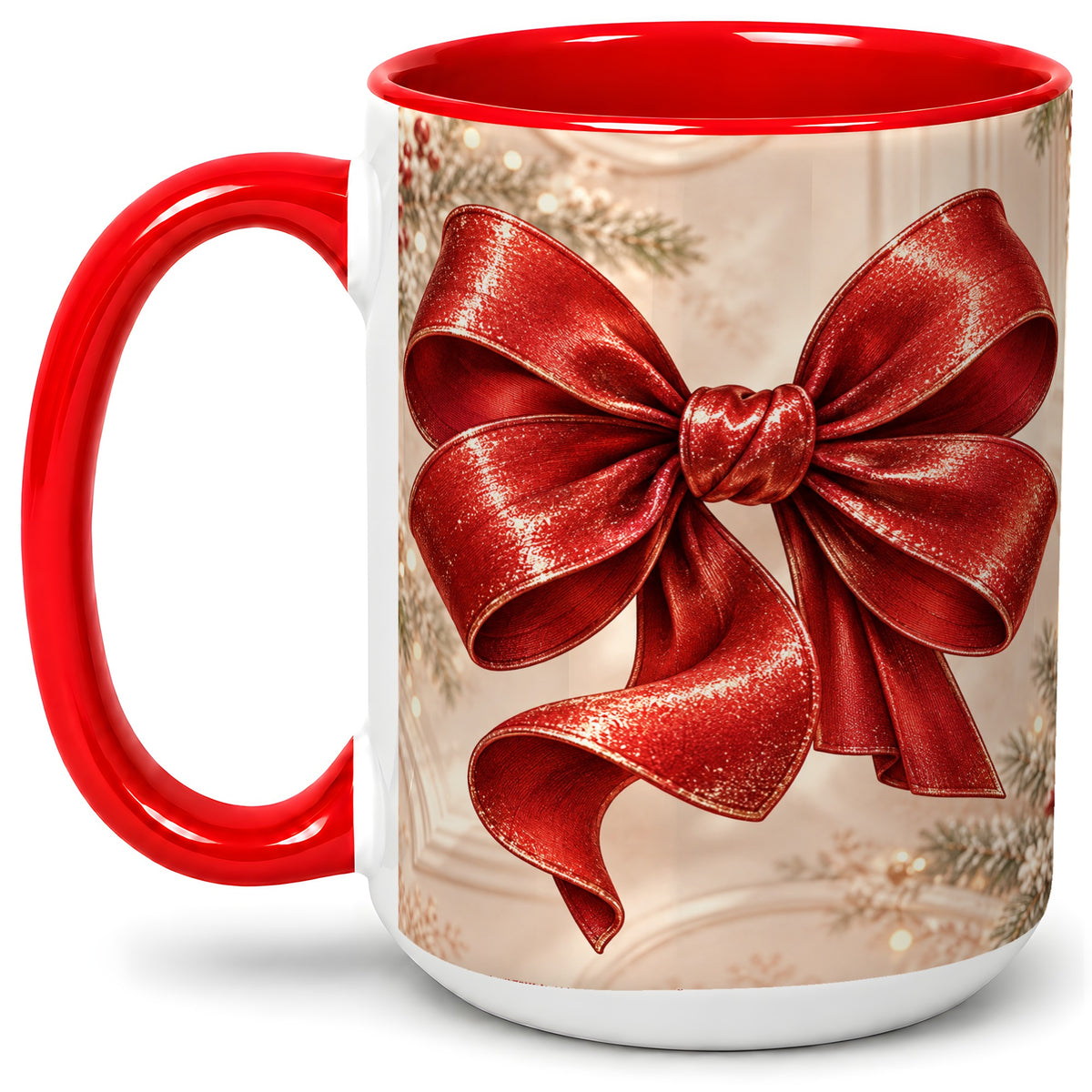 #pl[15oz|Red] Red Christmas Bow Accent Mug, Ceramic Coffee Cup Holiday Ribbon