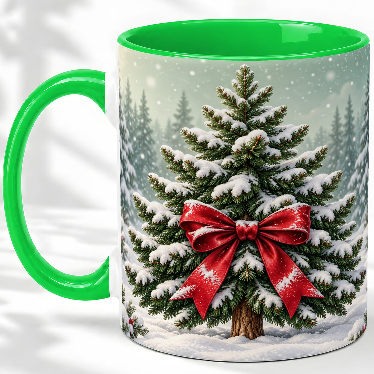 #pl[11oz|Green] Snowy Christmas Tree Accent Mug, Ceramic Cup with Red Bow Art