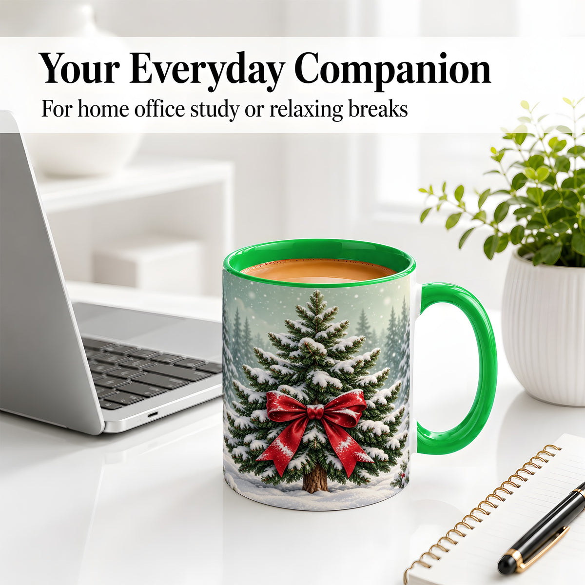 #pl[11oz|Green] Snowy Christmas Tree Accent Mug, Ceramic Cup with Red Bow Art