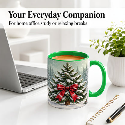 #pl[11oz|Green] Snowy Christmas Tree Accent Mug, Ceramic Cup with Red Bow Art