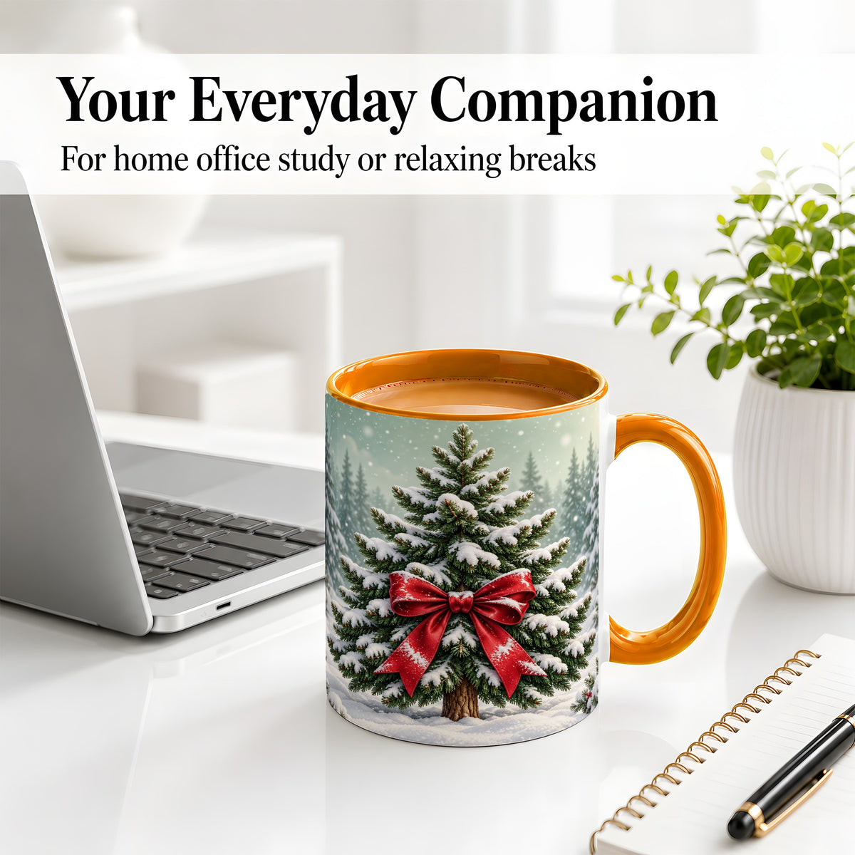 #pl[11oz|Orange] Snowy Christmas Tree Accent Mug, Ceramic Cup with Red Bow Art