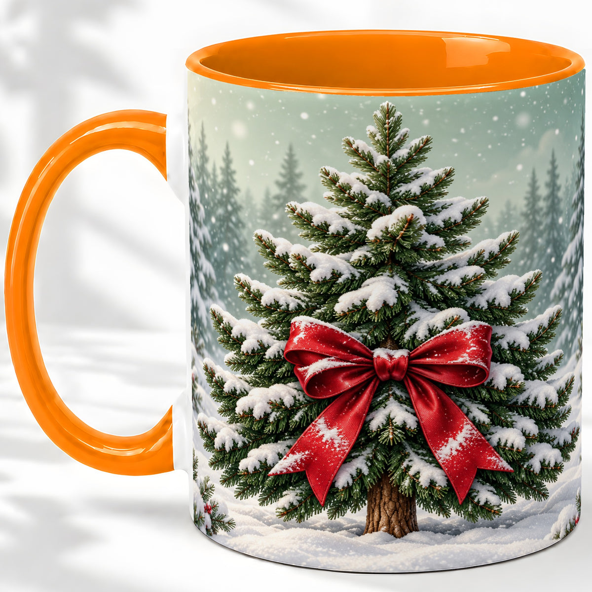 #pl[11oz|Orange] Snowy Christmas Tree Accent Mug, Ceramic Cup with Red Bow Art