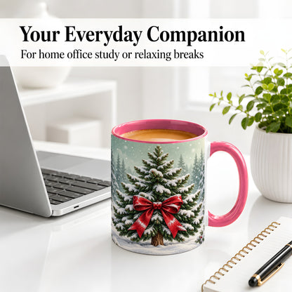 #pl[11oz|Pink] Snowy Christmas Tree Accent Mug, Ceramic Cup with Red Bow Art