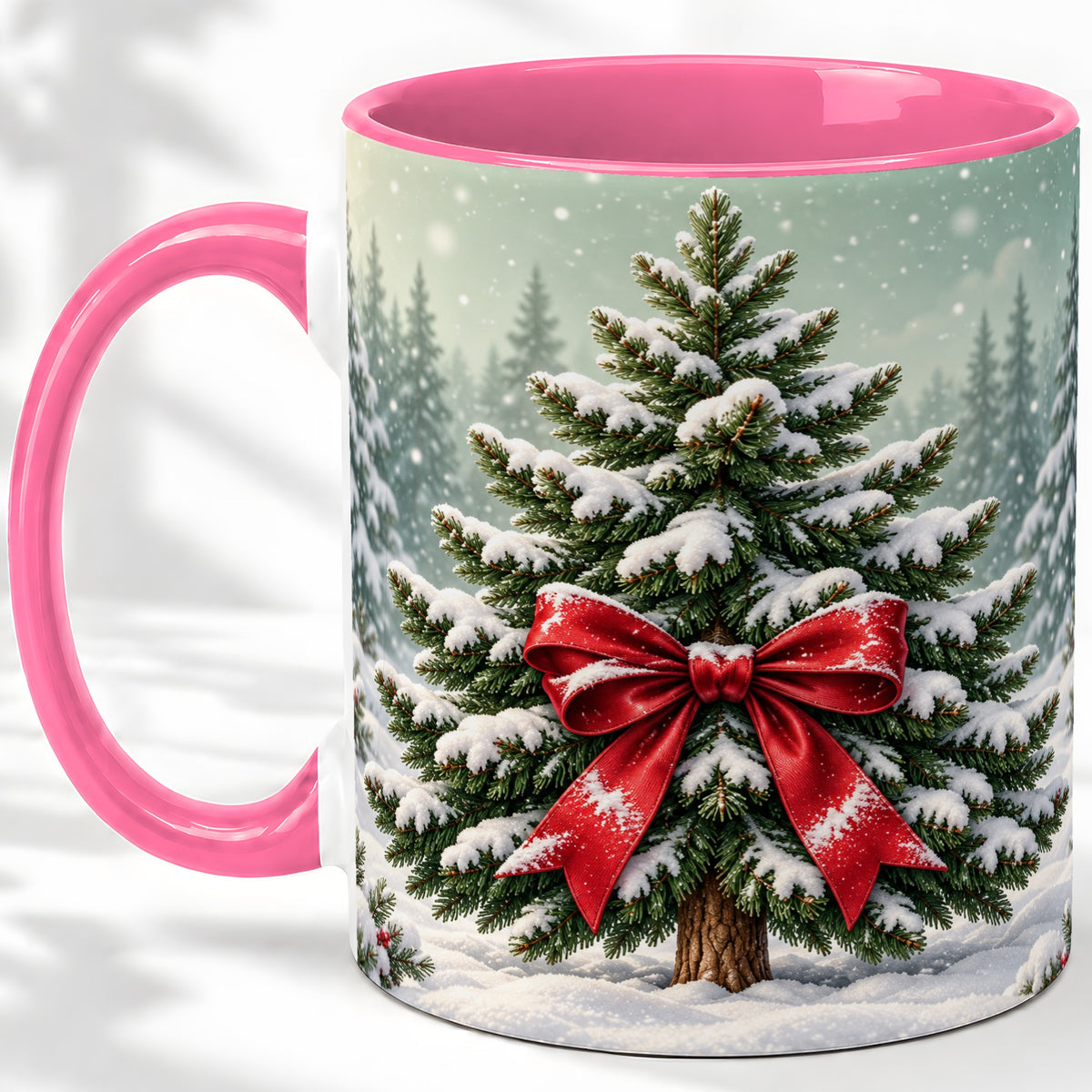 #pl[11oz|Pink] Snowy Christmas Tree Accent Mug, Ceramic Cup with Red Bow Art