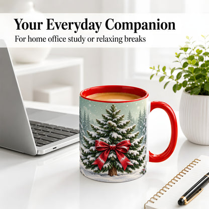 #pl[11oz|Red] Snowy Christmas Tree Accent Mug, Ceramic Cup with Red Bow Art