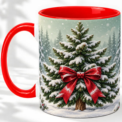 Snowy Christmas Tree Accent Mug, Ceramic Cup with Red Bow Art