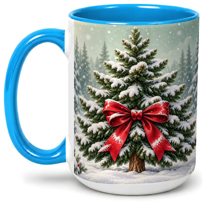 #pl[15oz|Blue] Snowy Christmas Tree Accent Mug, Ceramic Cup with Red Bow Art