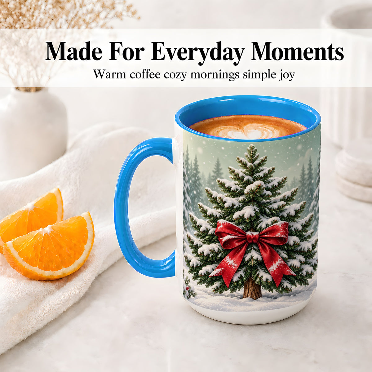 #pl[15oz|Blue] Snowy Christmas Tree Accent Mug, Ceramic Cup with Red Bow Art