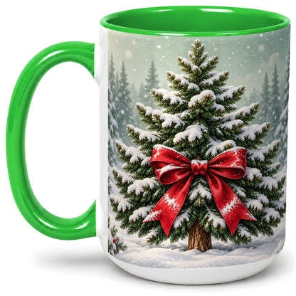 #pl[15oz|Green] Snowy Christmas Tree Accent Mug, Ceramic Cup with Red Bow Art