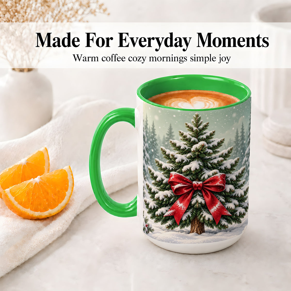 #pl[15oz|Green] Snowy Christmas Tree Accent Mug, Ceramic Cup with Red Bow Art