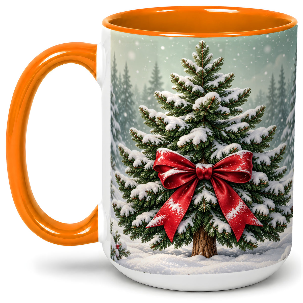 #pl[15oz|Orange] Snowy Christmas Tree Accent Mug, Ceramic Cup with Red Bow Art