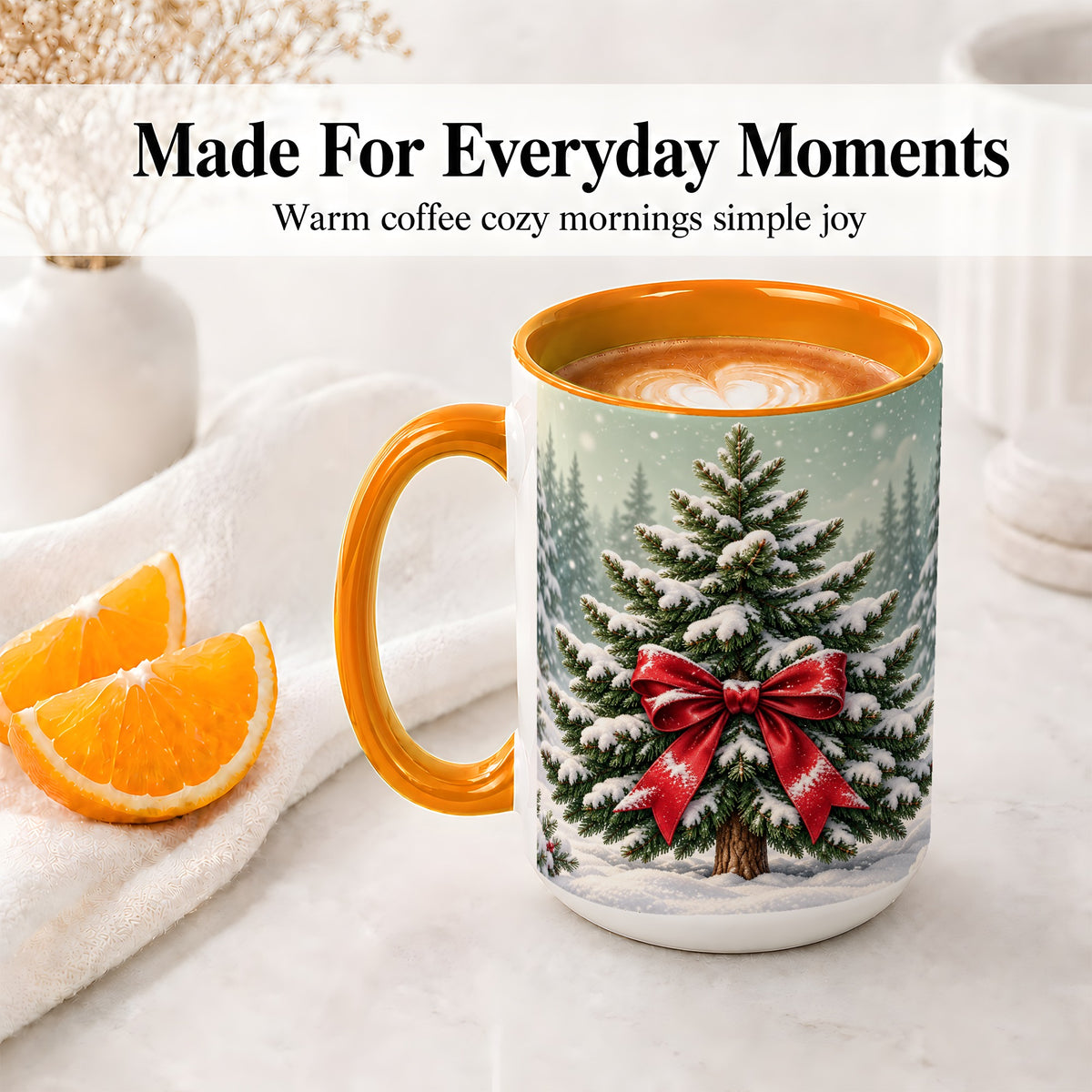 #pl[15oz|Orange] Snowy Christmas Tree Accent Mug, Ceramic Cup with Red Bow Art