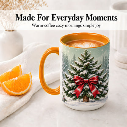 #pl[15oz|Orange] Snowy Christmas Tree Accent Mug, Ceramic Cup with Red Bow Art