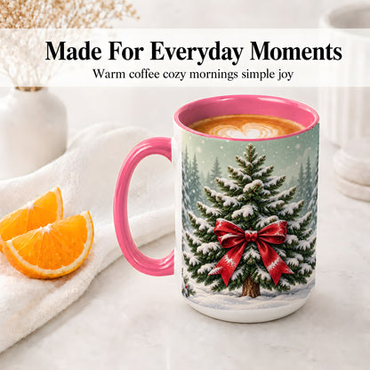 #pl[15oz|Pink] Snowy Christmas Tree Accent Mug, Ceramic Cup with Red Bow Art