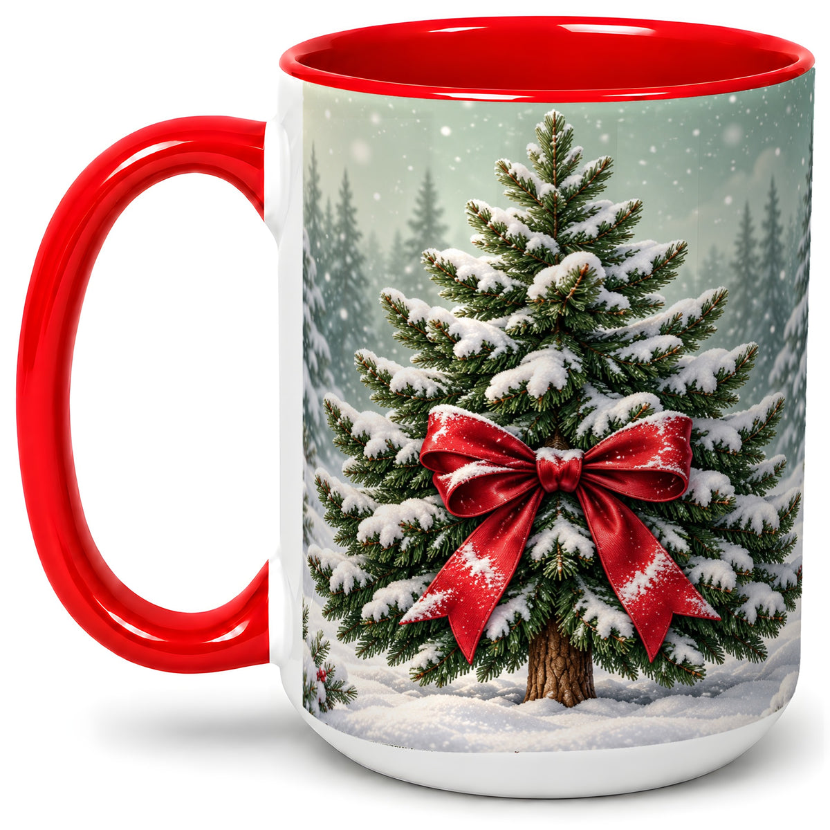 #pl[15oz|Red] Snowy Christmas Tree Accent Mug, Ceramic Cup with Red Bow Art