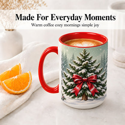 #pl[15oz|Red] Snowy Christmas Tree Accent Mug, Ceramic Cup with Red Bow Art