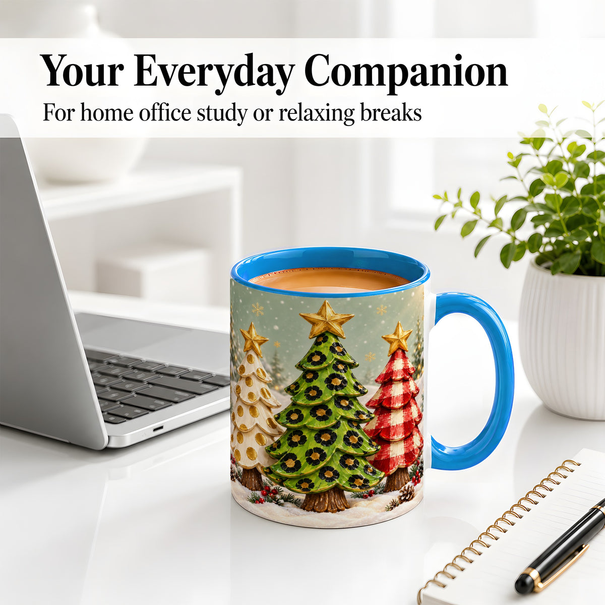 #pl[11oz|Blue] Plaid Christmas Trees Accent Mug, Ceramic Cup with Leopard Art