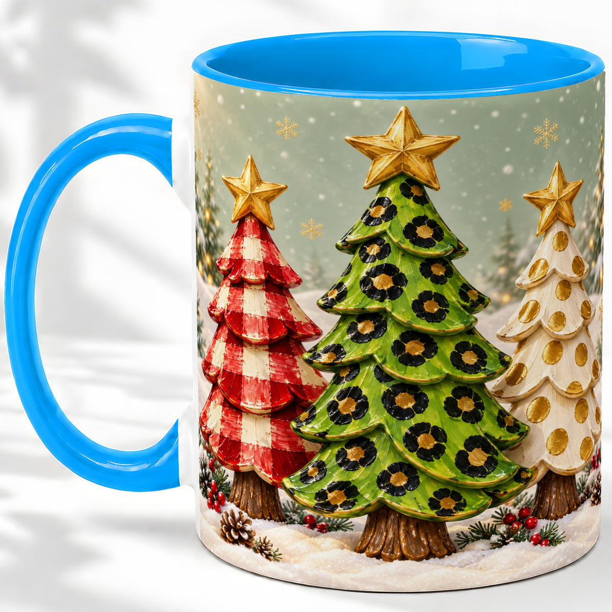 #pl[11oz|Blue] Plaid Christmas Trees Accent Mug, Ceramic Cup with Leopard Art