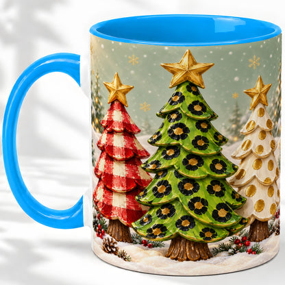 #pl[11oz|Blue] Plaid Christmas Trees Accent Mug, Ceramic Cup with Leopard Art
