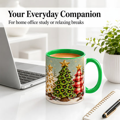 #pl[11oz|Green] Plaid Christmas Trees Accent Mug, Ceramic Cup with Leopard Art