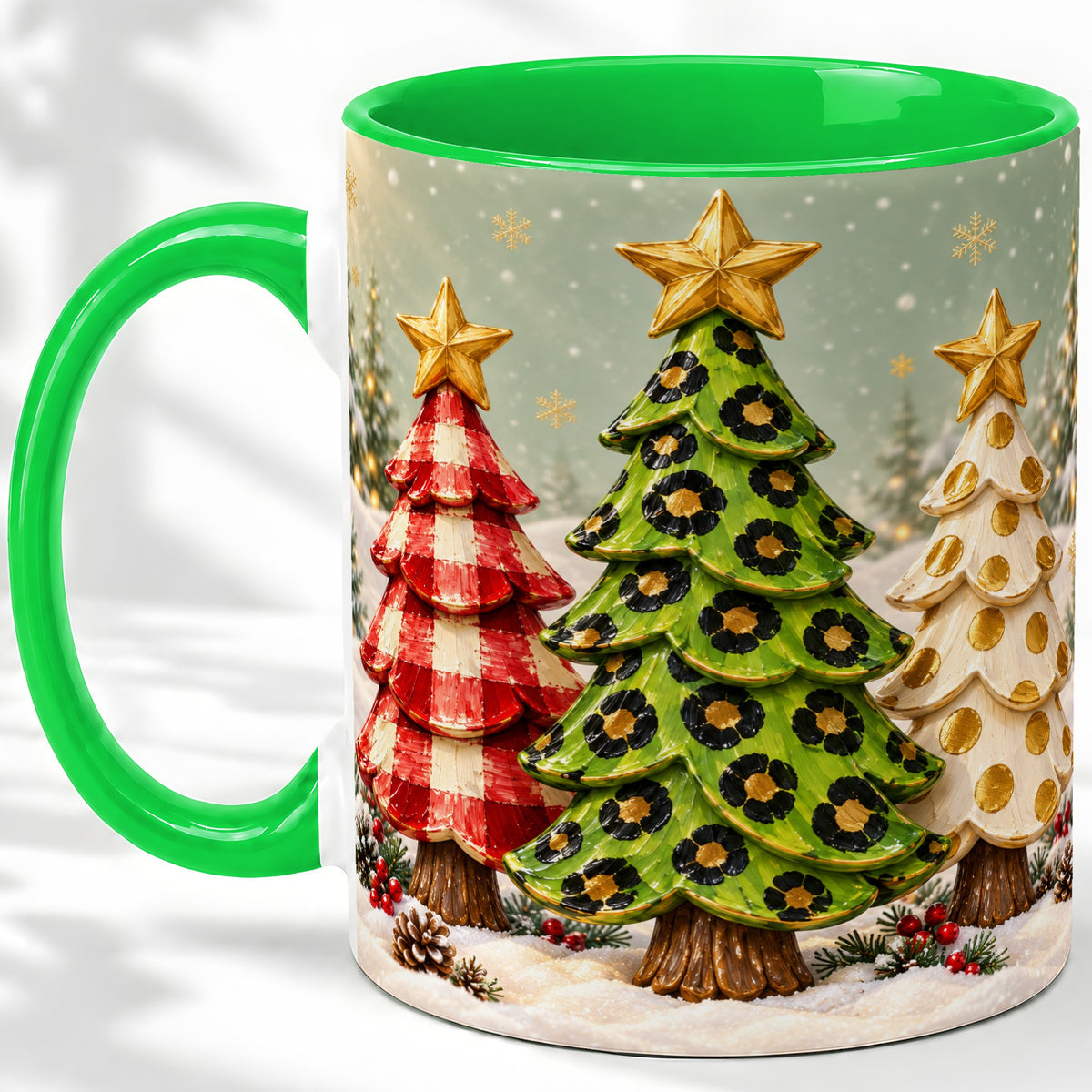 #pl[11oz|Green] Plaid Christmas Trees Accent Mug, Ceramic Cup with Leopard Art