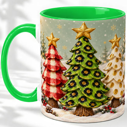 #pl[11oz|Green] Plaid Christmas Trees Accent Mug, Ceramic Cup with Leopard Art