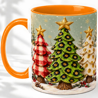 #pl[11oz|Orange] Plaid Christmas Trees Accent Mug, Ceramic Cup with Leopard Art