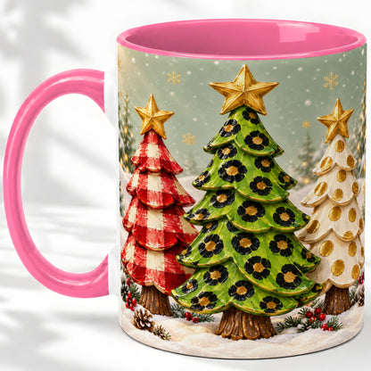 #pl[11oz|Pink] Plaid Christmas Trees Accent Mug, Ceramic Cup with Leopard Art
