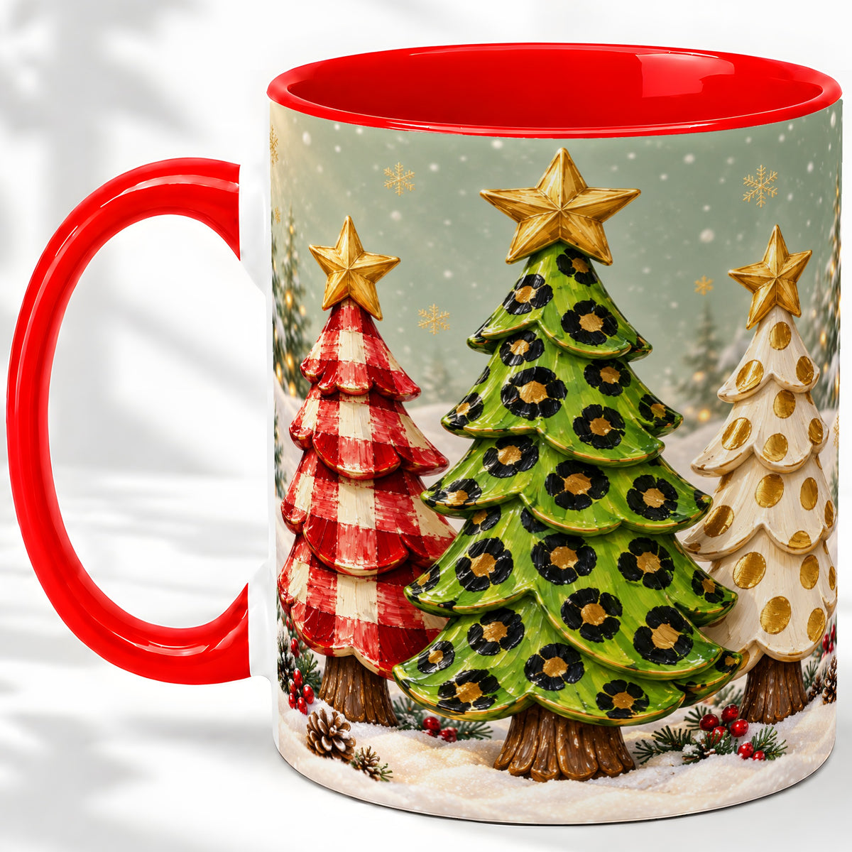 Plaid Christmas Trees Accent Mug, Ceramic Cup with Leopard Art