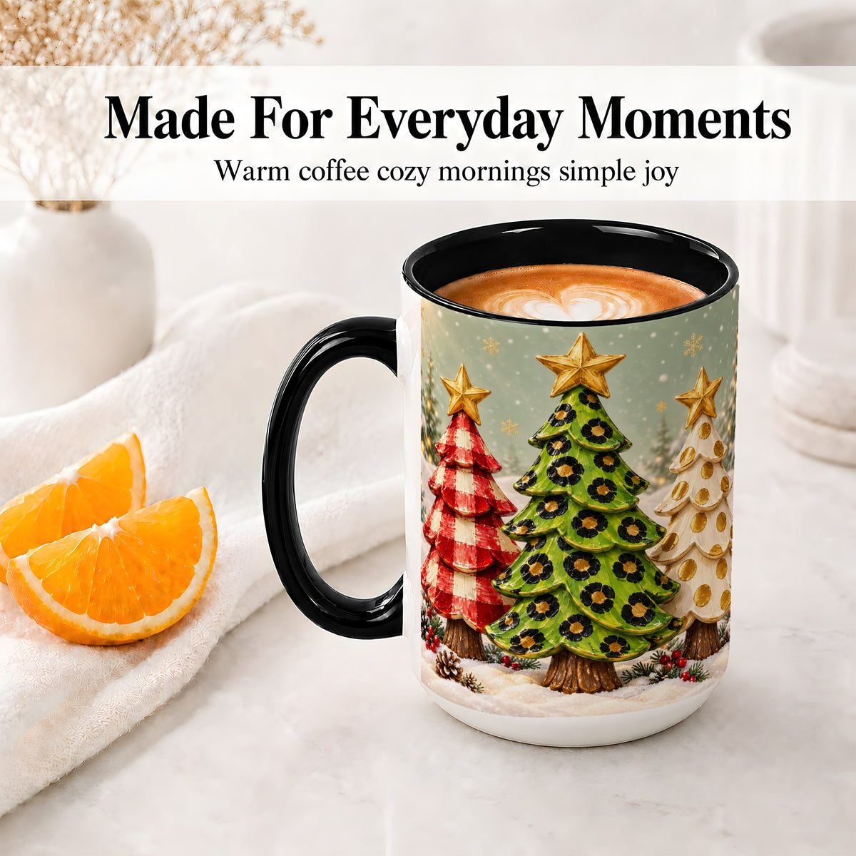 #pl[15oz|Black] Plaid Christmas Trees Accent Mug, Ceramic Cup with Leopard Art