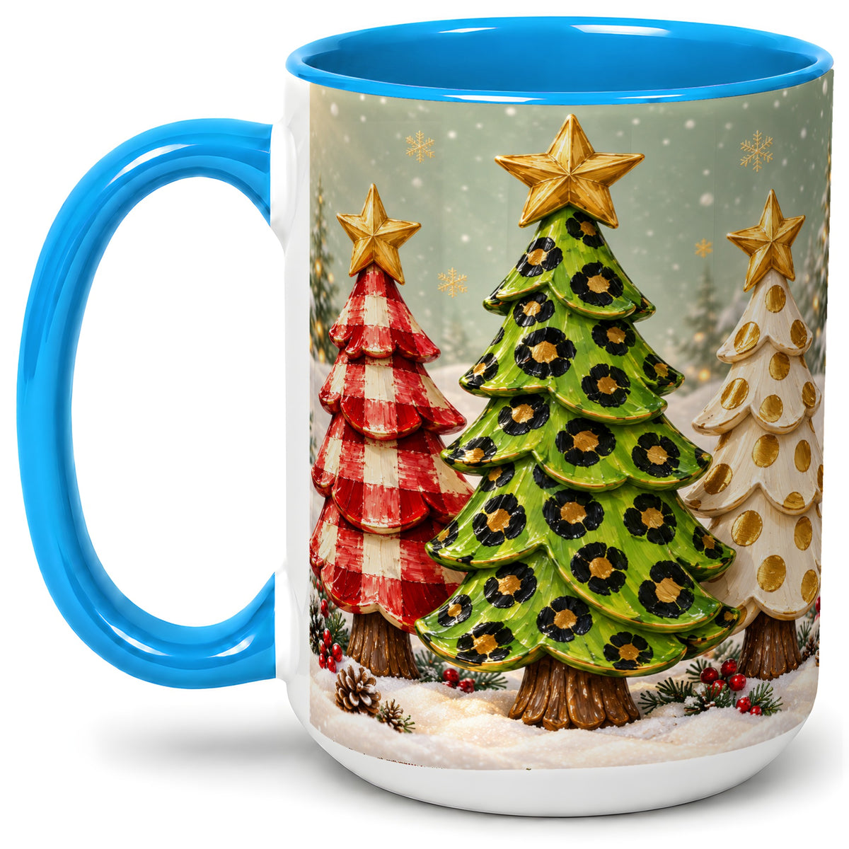 #pl[15oz|Blue] Plaid Christmas Trees Accent Mug, Ceramic Cup with Leopard Art