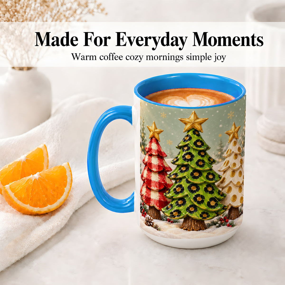 #pl[15oz|Blue] Plaid Christmas Trees Accent Mug, Ceramic Cup with Leopard Art