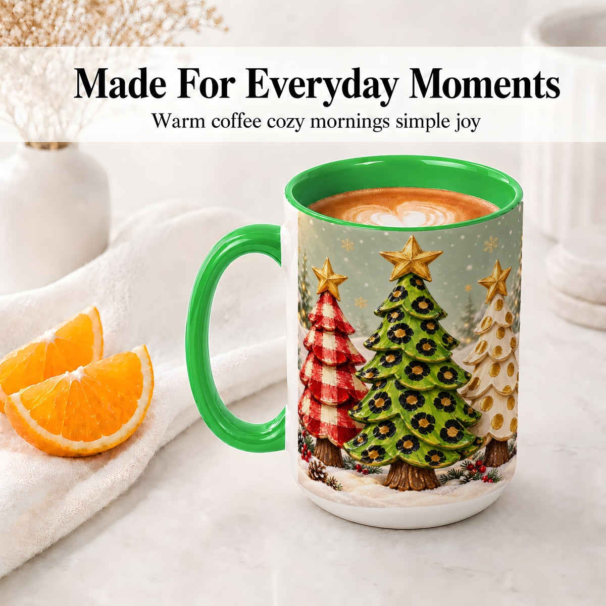 #pl[15oz|Green] Plaid Christmas Trees Accent Mug, Ceramic Cup with Leopard Art